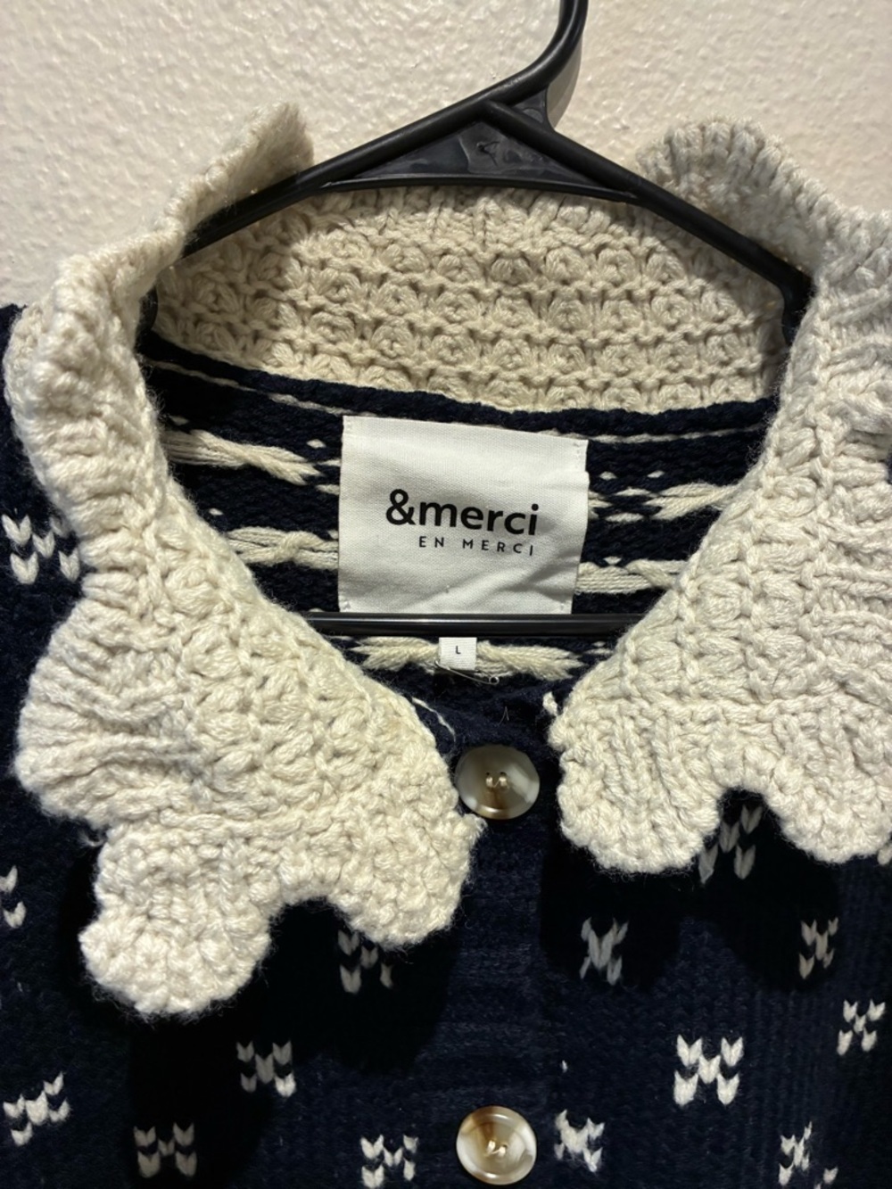 &merci Navy Blue Cropped Cardigan Sweater White Scalloped Collar & Bow Pattern L - Picture 3 of 5